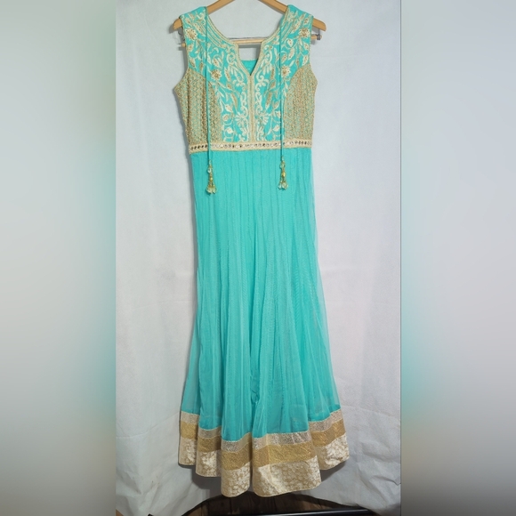 Unbranded Aqua & Gold M Anarkali  Women's Net Dress W/ Matching Scarf - Picture 2 of 8